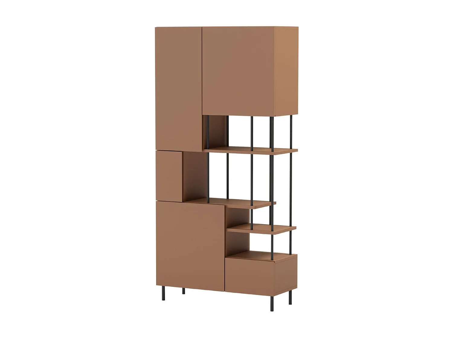 Etagère graphique et asymétrique semi-ouverte 5 portes en mélaminé terracotta et métal noir - MANEL