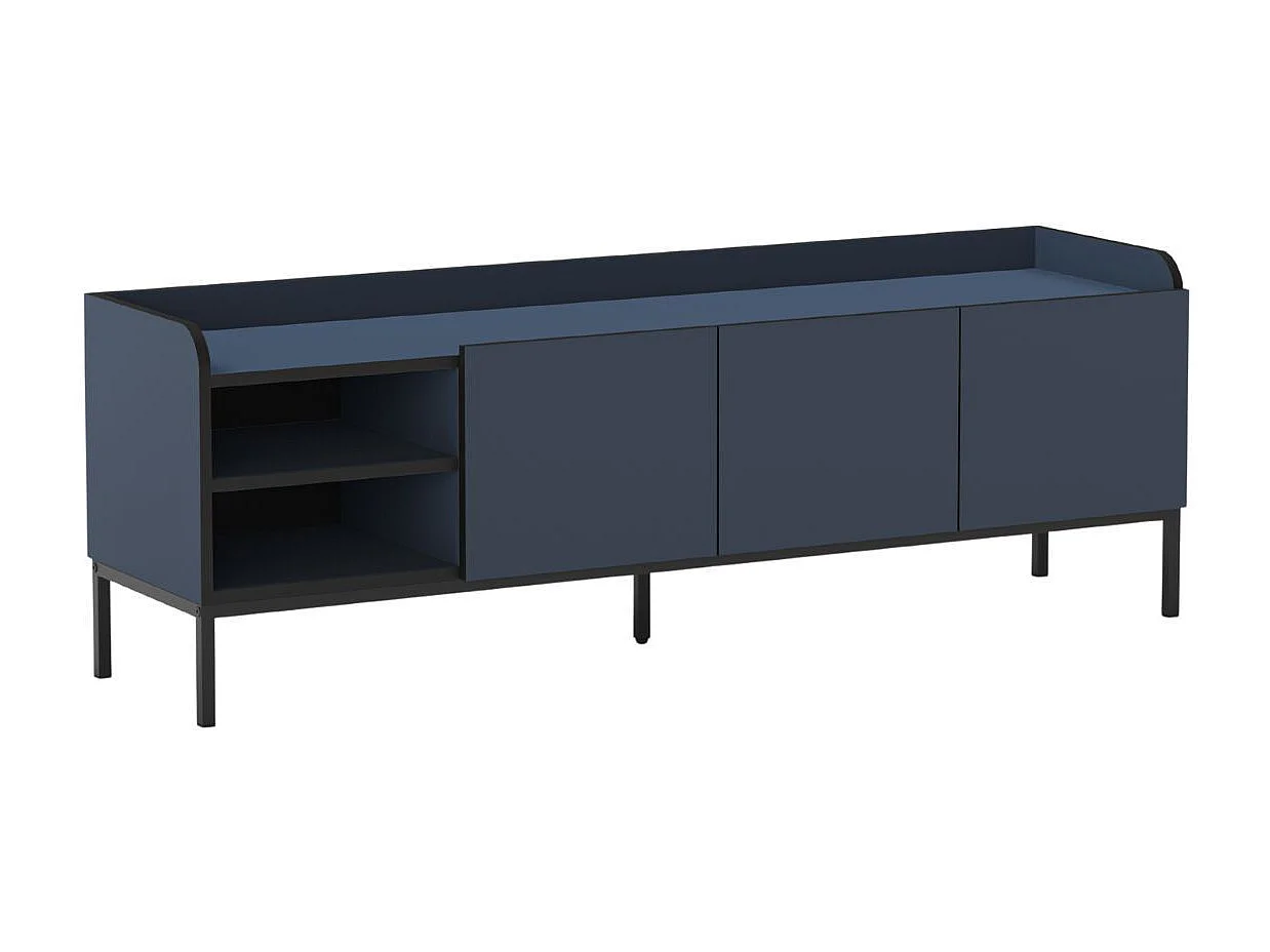 Meuble TV 3 portes 2 niches en mélaminé bleu et noir pieds métal noir - AELIA