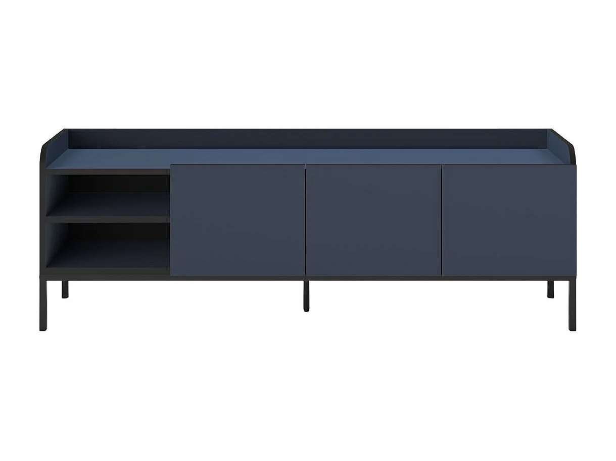 Meuble TV 3 portes 2 niches en mélaminé bleu et noir pieds métal noir - AELIA