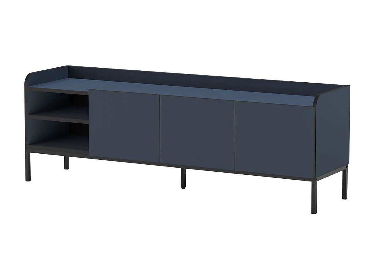 Meuble TV 3 portes 2 niches en mélaminé bleu et noir pieds métal noir - AELIA
