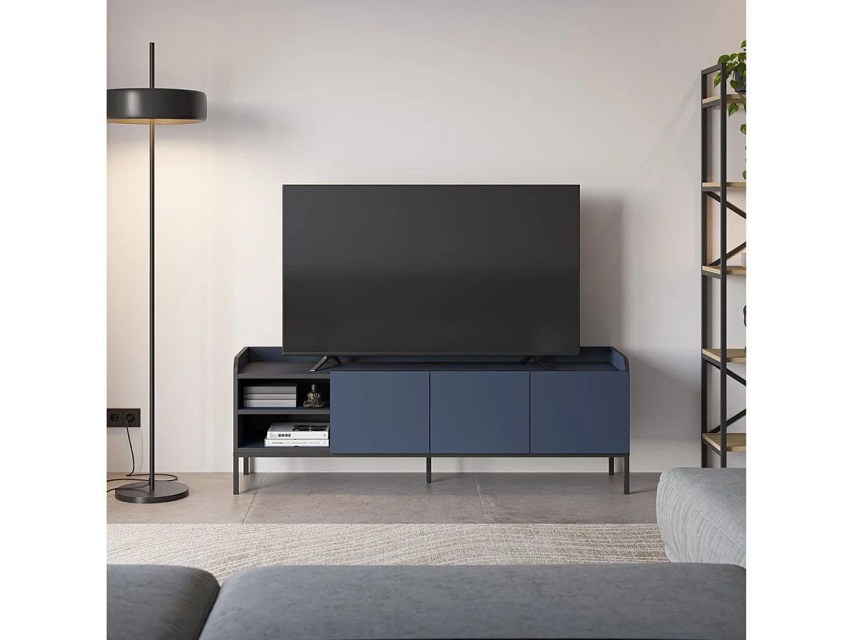 Meuble TV 3 portes 2 niches en mélaminé bleu et noir pieds métal noir - AELIA