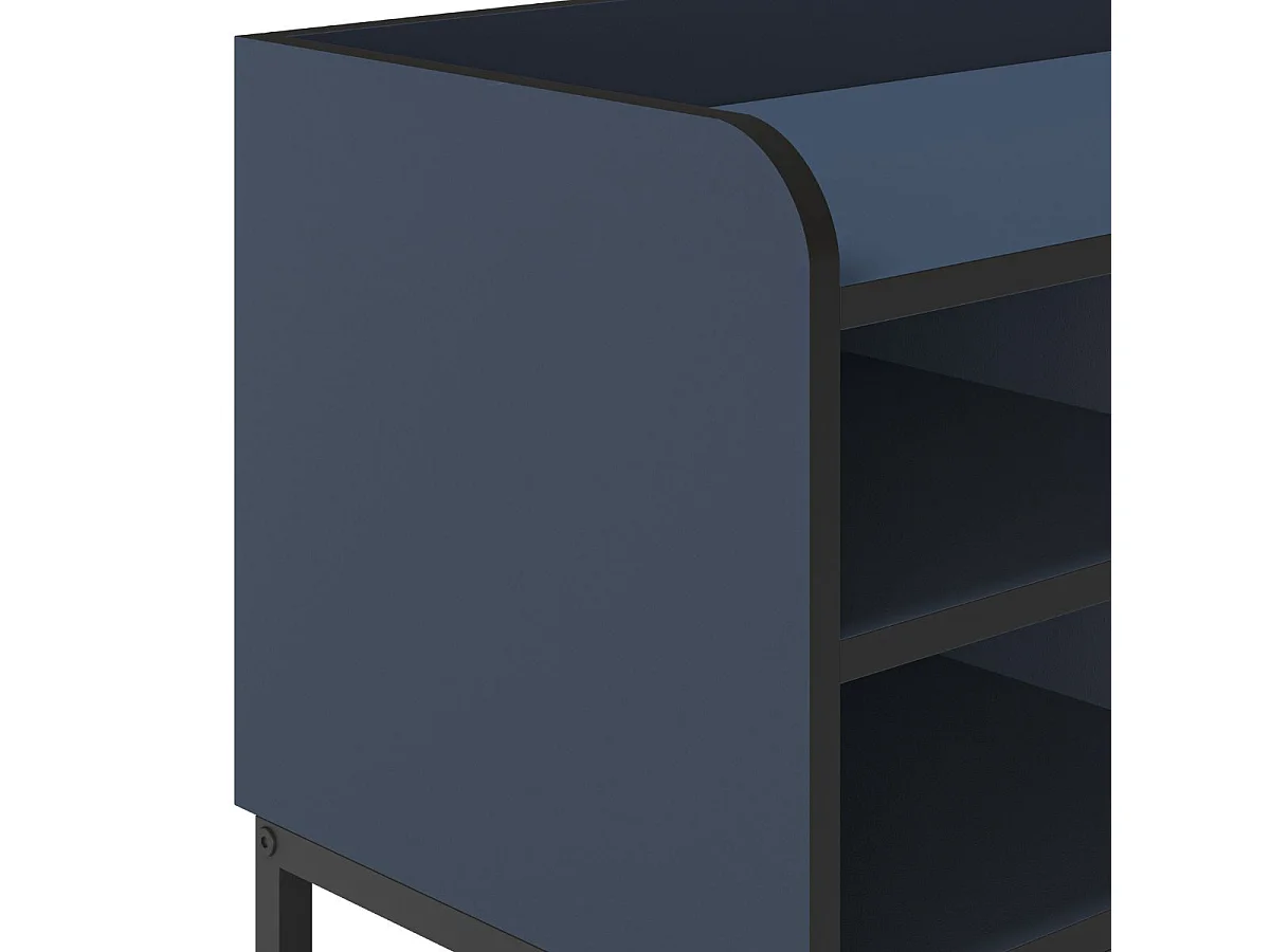 Meuble TV 3 portes 2 niches en mélaminé bleu et noir pieds métal noir - AELIA