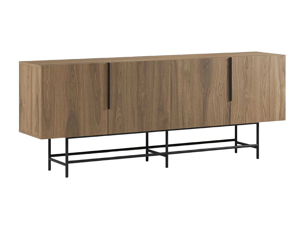 Buffet 4 portes en mélaminé imitation bois et piètement et poignées en métal laqué noir - ALDINE