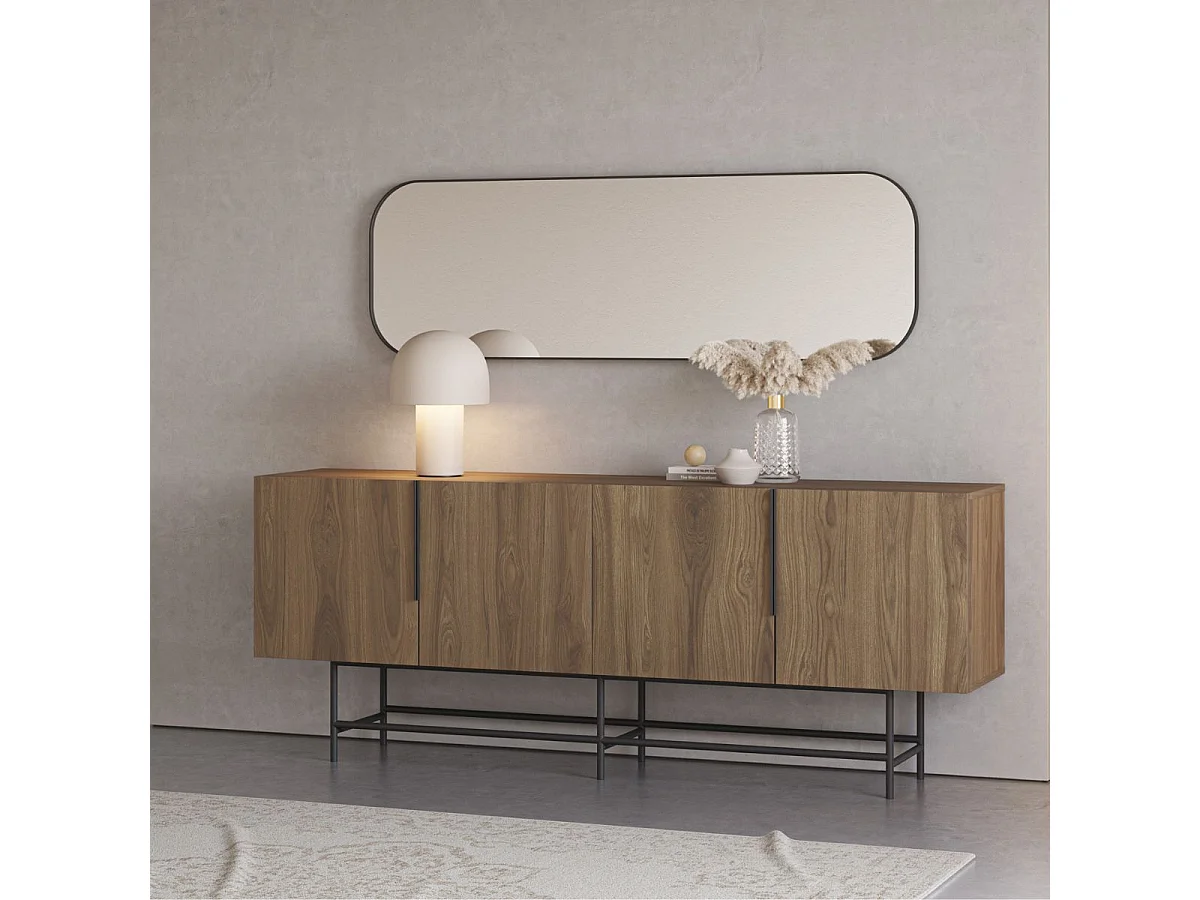 Buffet 4 portes en mélaminé imitation bois et piètement et poignées en métal laqué noir - ALDINE