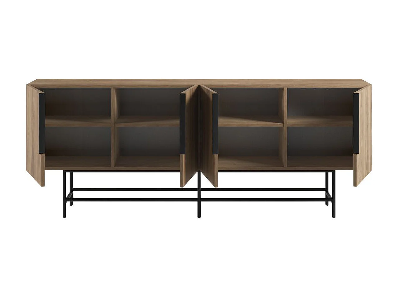 Buffet 4 portes en mélaminé imitation bois et piètement et poignées en métal laqué noir - ALDINE