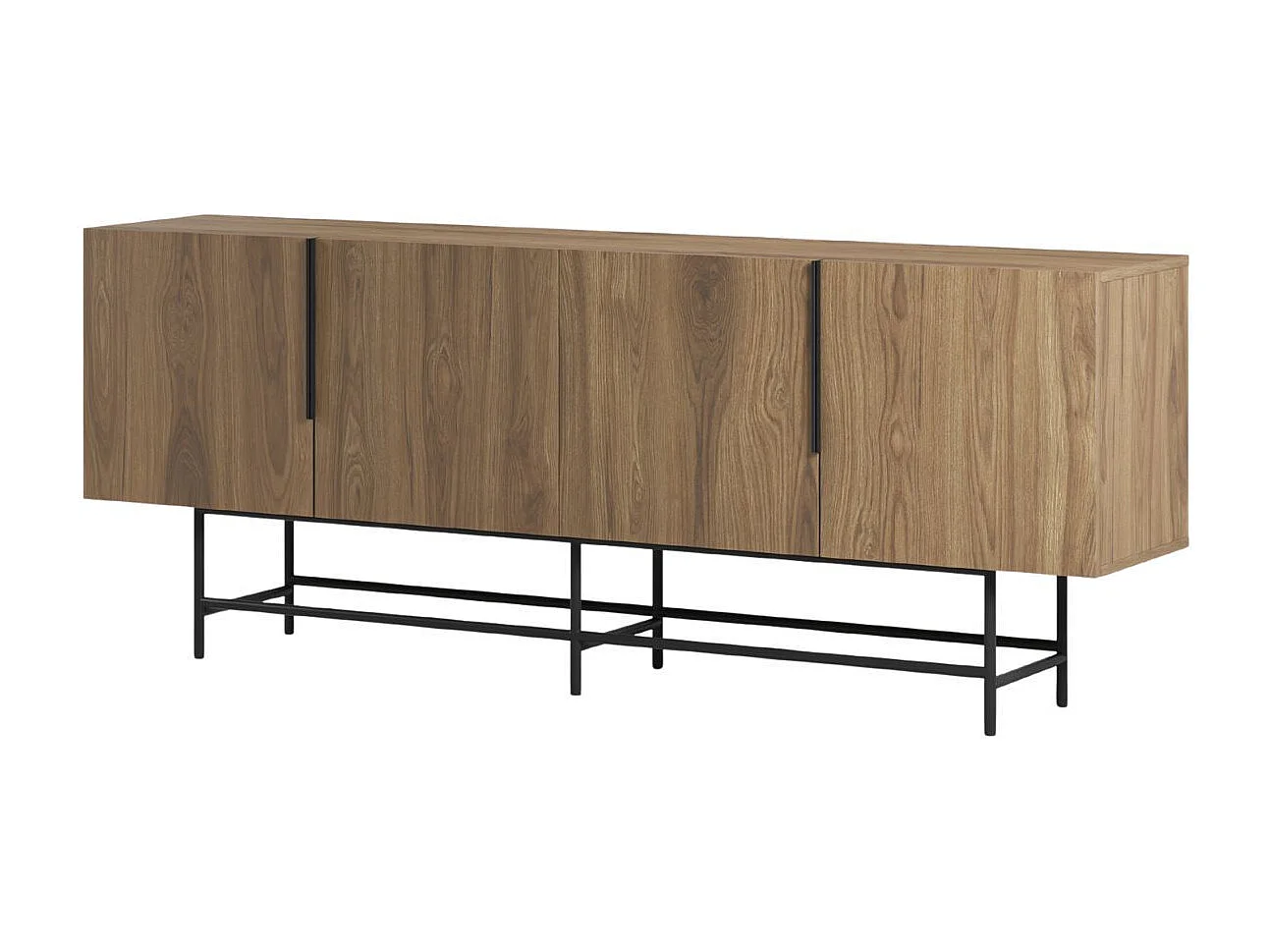 Buffet 4 portes en mélaminé imitation bois et piètement et poignées en métal laqué noir - ALDINE