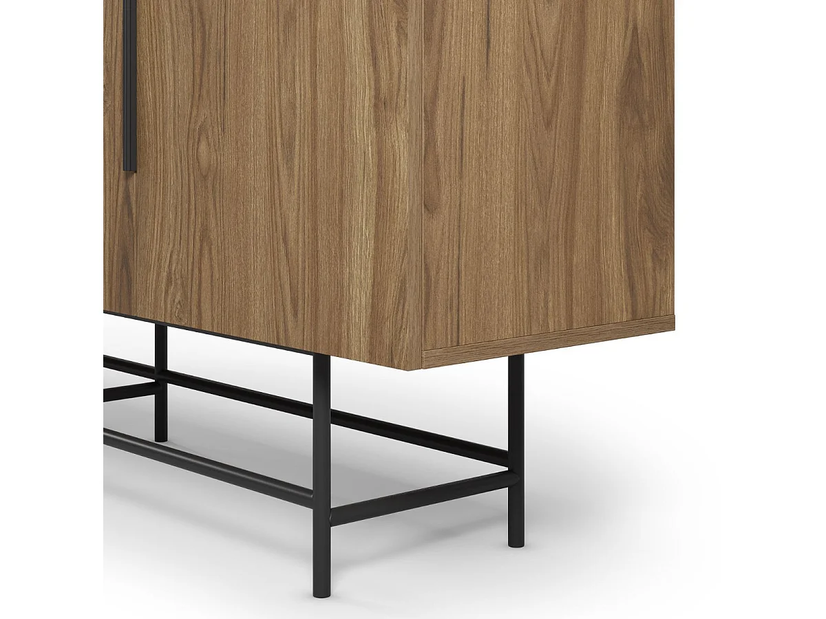 Buffet 4 portes en mélaminé imitation bois et piètement et poignées en métal laqué noir - ALDINE