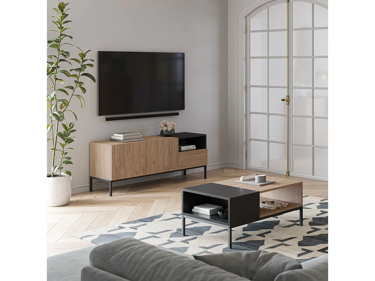 Meuble TV 2 portes en mélaminé mélaminé imitation bois et noir piètement métal laqué noir - CALLAS