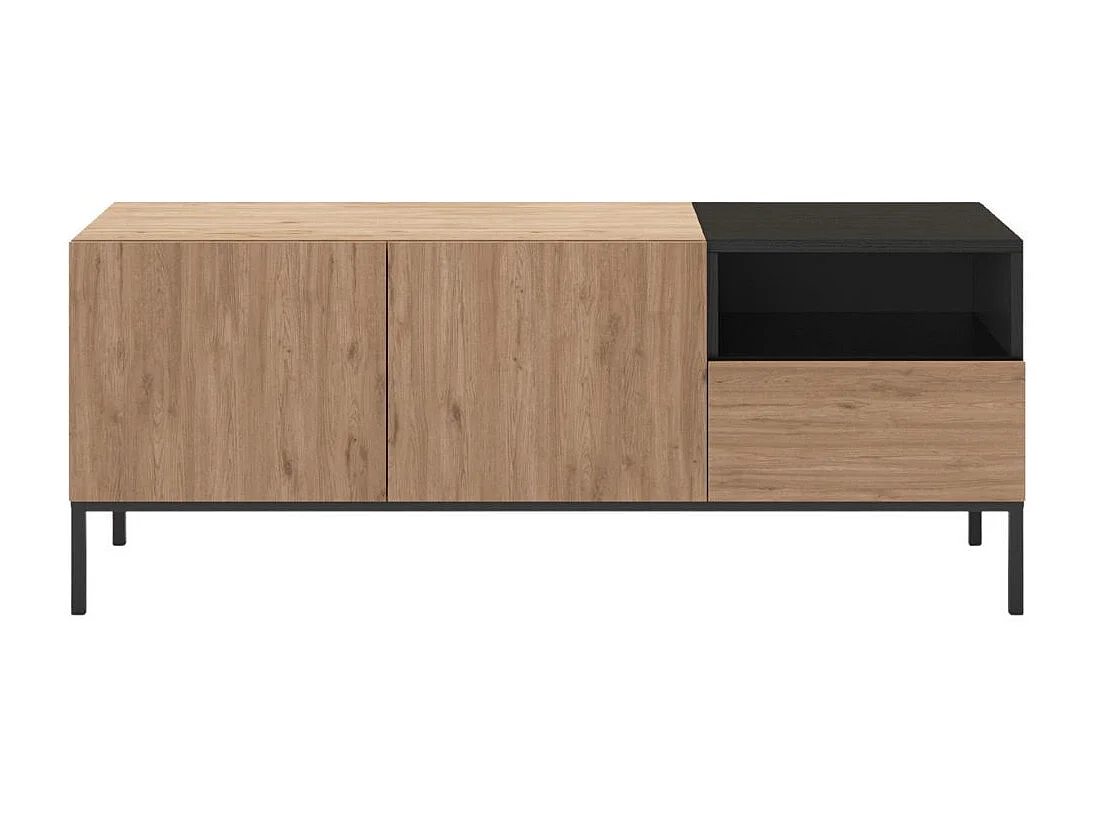 Meuble TV 2 portes en mélaminé mélaminé imitation bois et noir piètement métal laqué noir - CALLAS