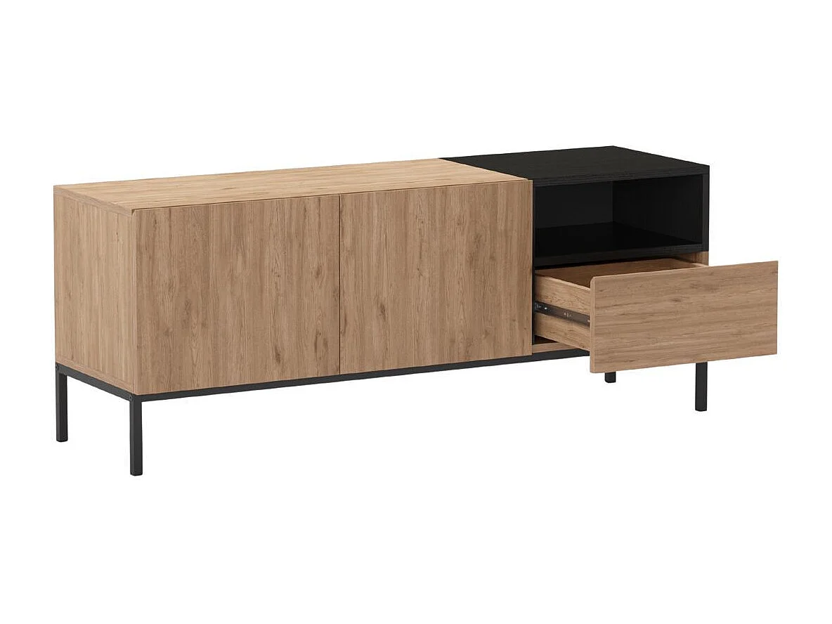 Meuble TV 2 portes en mélaminé mélaminé imitation bois et noir piètement métal laqué noir - CALLAS