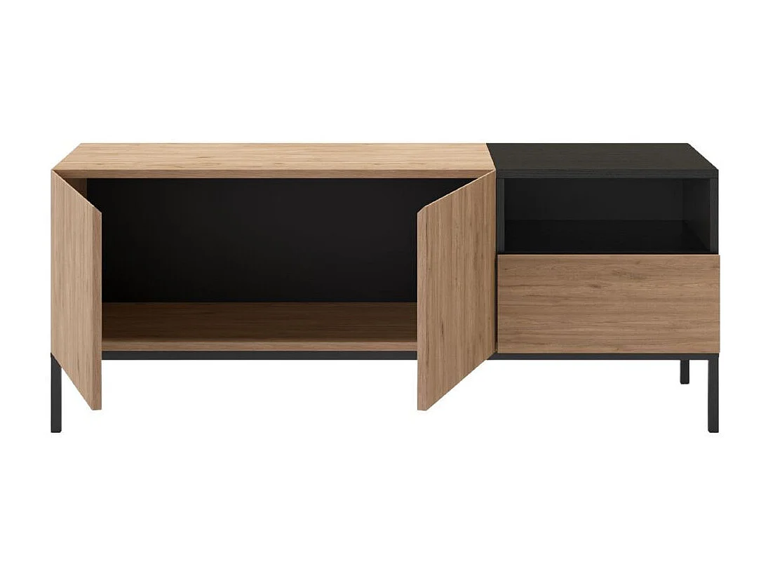 Meuble TV 2 portes en mélaminé mélaminé imitation bois et noir piètement métal laqué noir - CALLAS