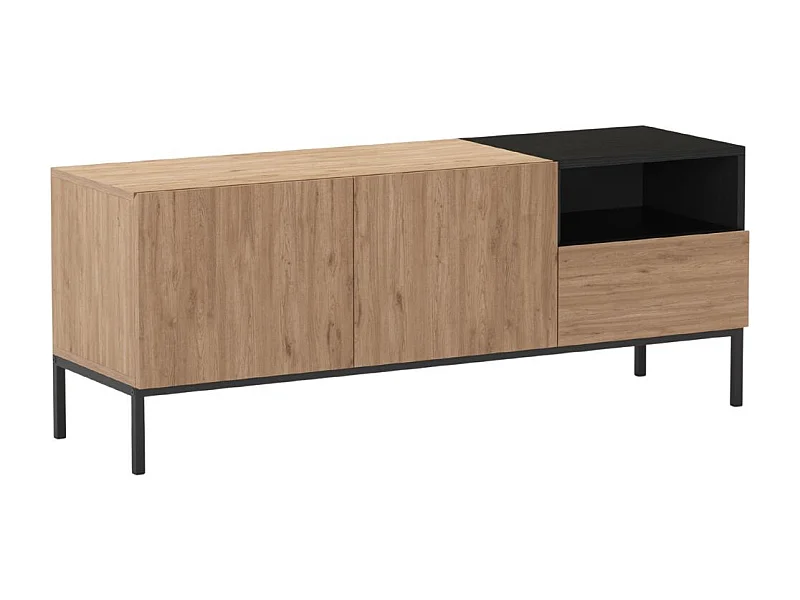 Meuble TV 2 portes en mélaminé mélaminé imitation bois et noir piètement métal laqué noir - CALLAS