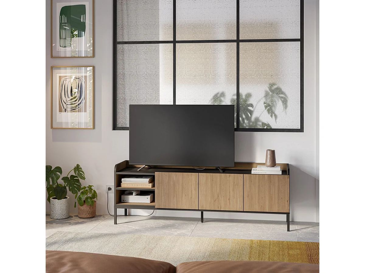 Meuble TV 3 portes 2 niches en mélaminé imitation bois et noir pieds métal noir - AELIA