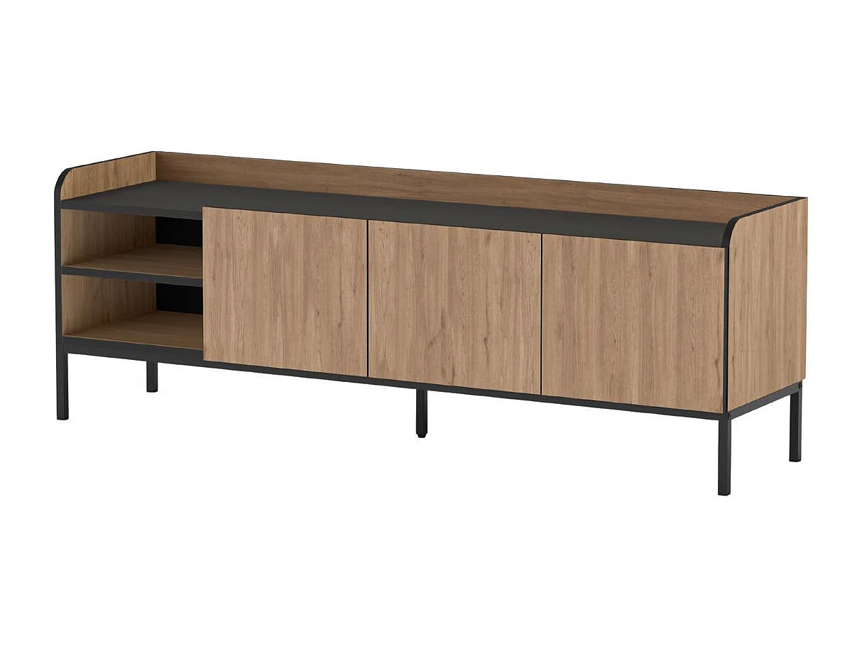 Meuble TV 3 portes 2 niches en mélaminé imitation bois et noir pieds métal noir - AELIA