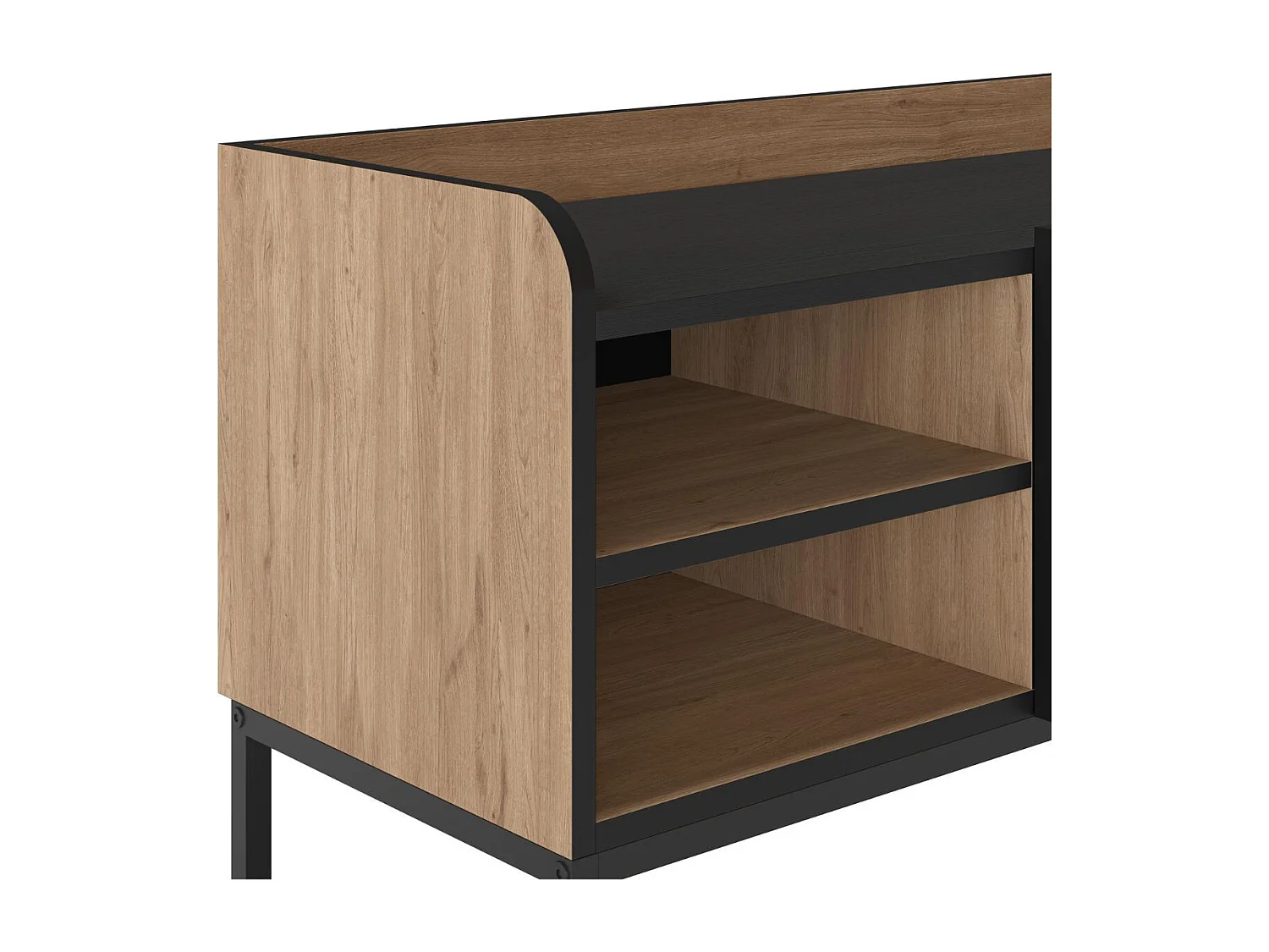 Meuble TV 3 portes 2 niches en mélaminé imitation bois et noir pieds métal noir - AELIA