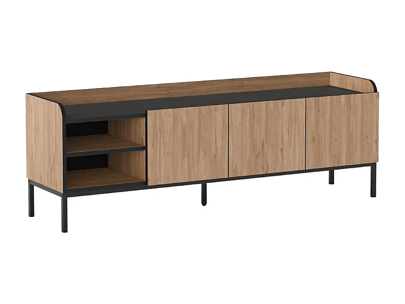 Meuble TV 3 portes 2 niches en mélaminé imitation bois et noir pieds métal noir - AELIA