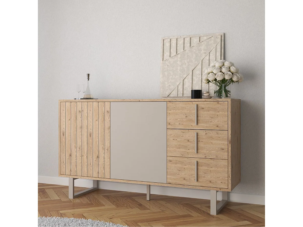 Buffet 2 portes 3 tiroirs en mélaminé imitation bois et beige piètement et poignées métal - MYRINE