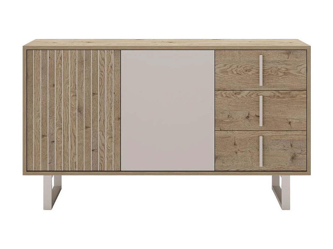 Buffet 2 portes 3 tiroirs en mélaminé imitation bois et beige piètement et poignées métal - MYRINE