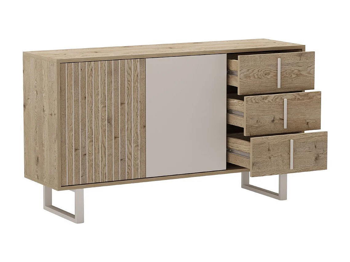 Buffet 2 portes 3 tiroirs en mélaminé imitation bois et beige piètement et poignées métal - MYRINE