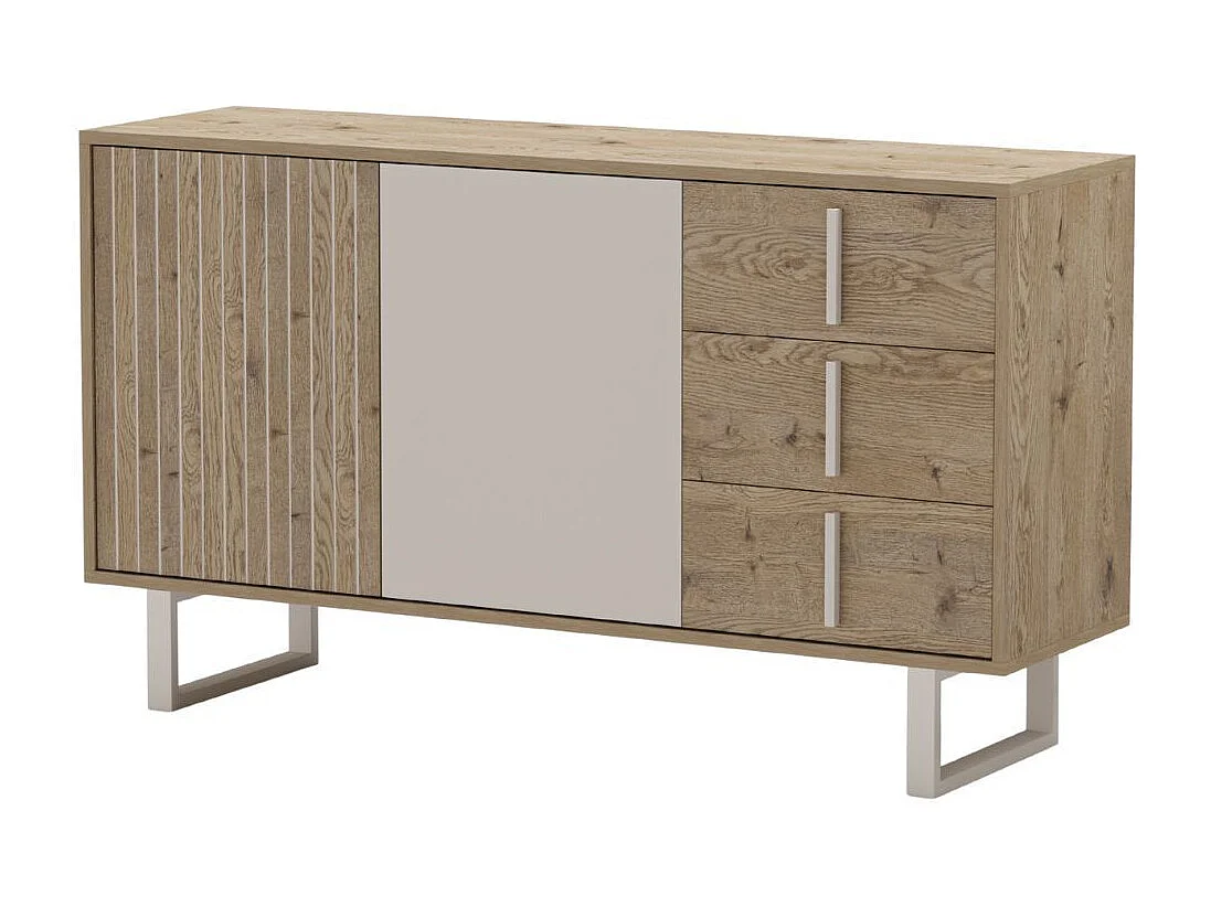 Buffet 2 portes 3 tiroirs en mélaminé imitation bois et beige piètement et poignées métal - MYRINE