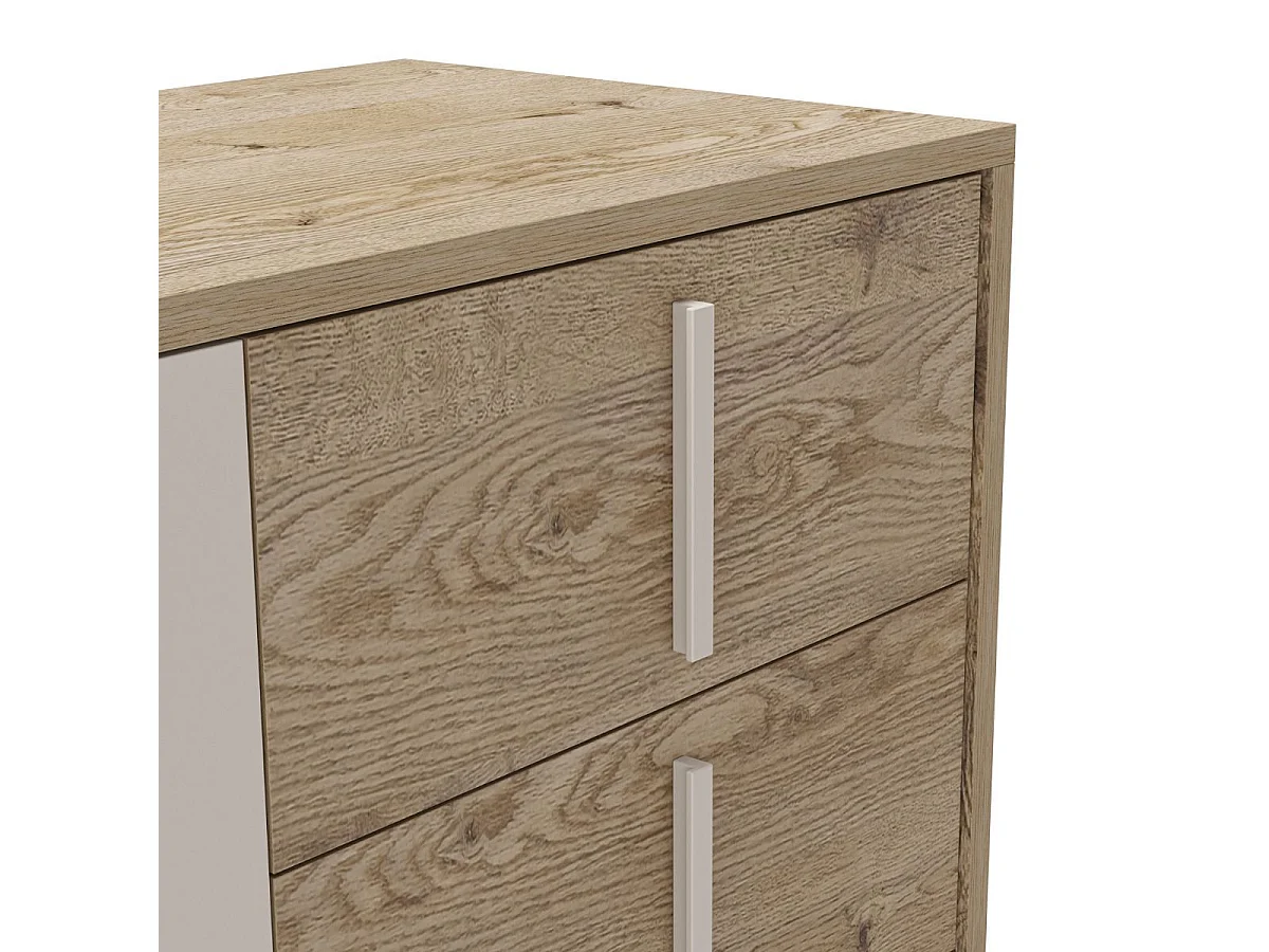 Buffet 2 portes 3 tiroirs en mélaminé imitation bois et beige piètement et poignées métal - MYRINE