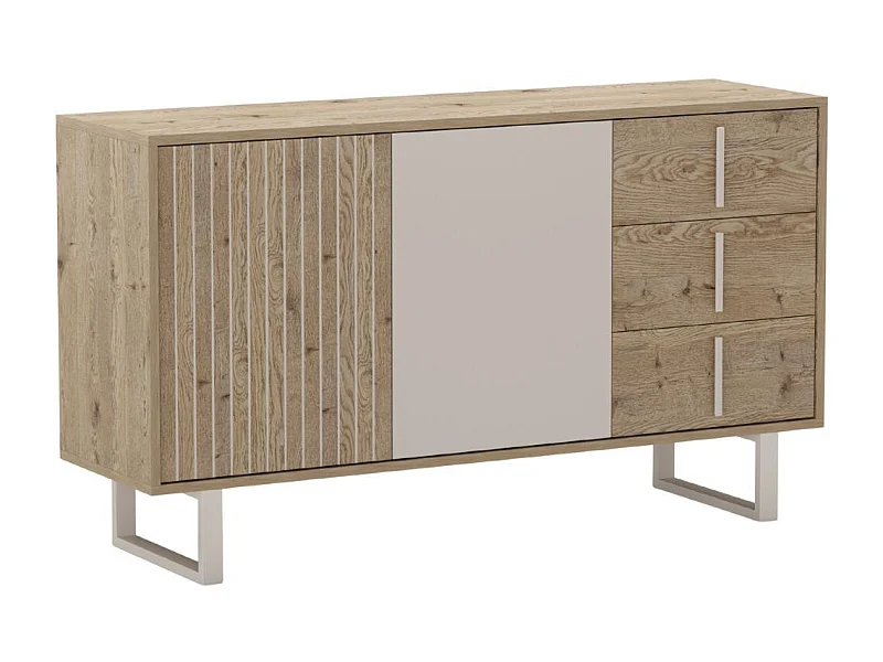 Buffet 2 portes 3 tiroirs en mélaminé imitation bois et beige piètement et poignées métal - MYRINE