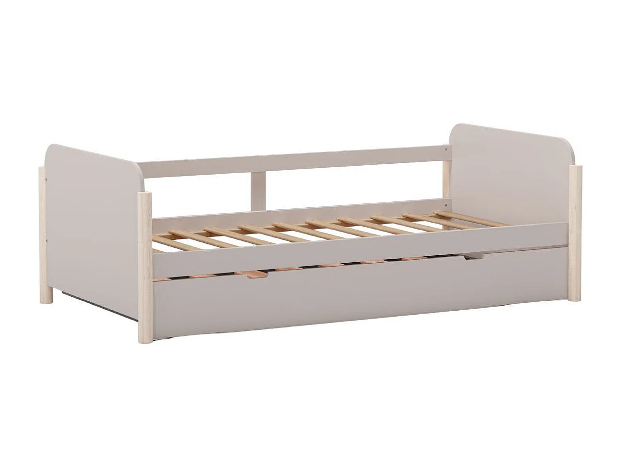 Lit gigogne 90x190 en MDF et pin massif laqué crème pieds en pin naturel - ENORA