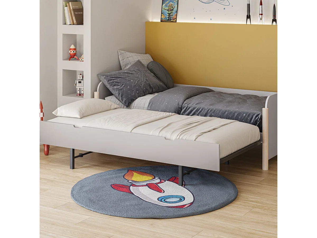 Lit gigogne 90x190 en MDF et pin massif laqué crème pieds en pin naturel - ENORA