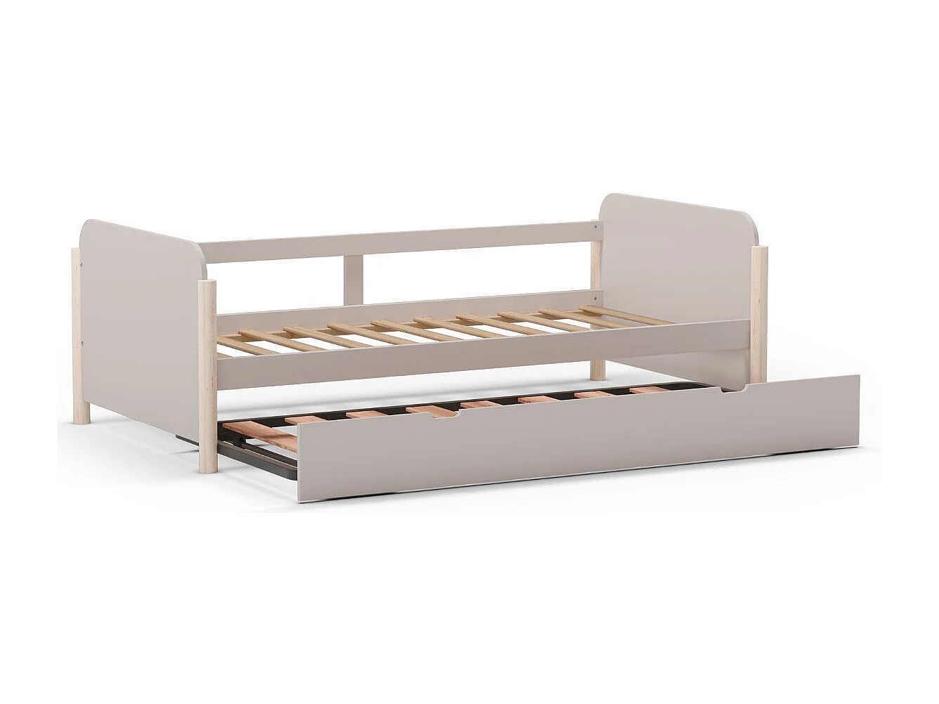 Lit gigogne 90x190 en MDF et pin massif laqué crème pieds en pin naturel - ENORA