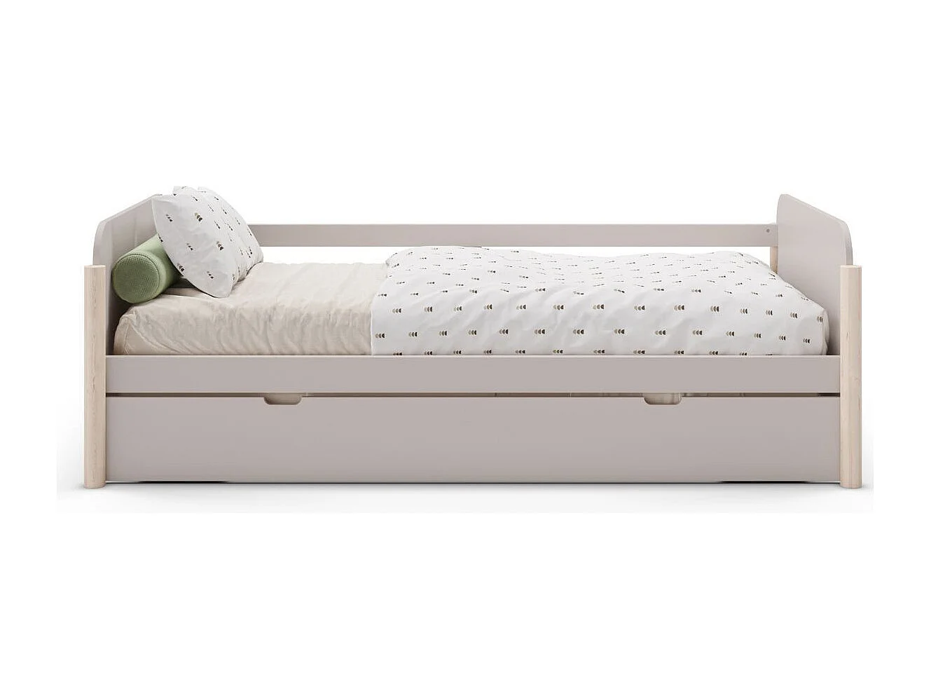 Lit gigogne 90x190 en MDF et pin massif laqué crème pieds en pin naturel - ENORA