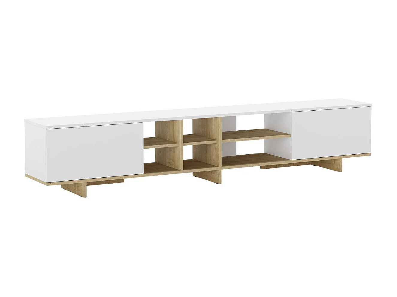 Meuble TV 2 portes 230cm en mélaminé blanc et imitation bois - ESQUISSE