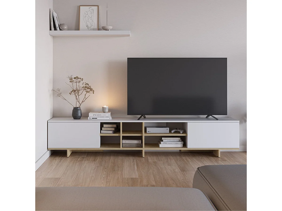 Meuble TV 2 portes 230cm en mélaminé blanc et imitation bois - ESQUISSE