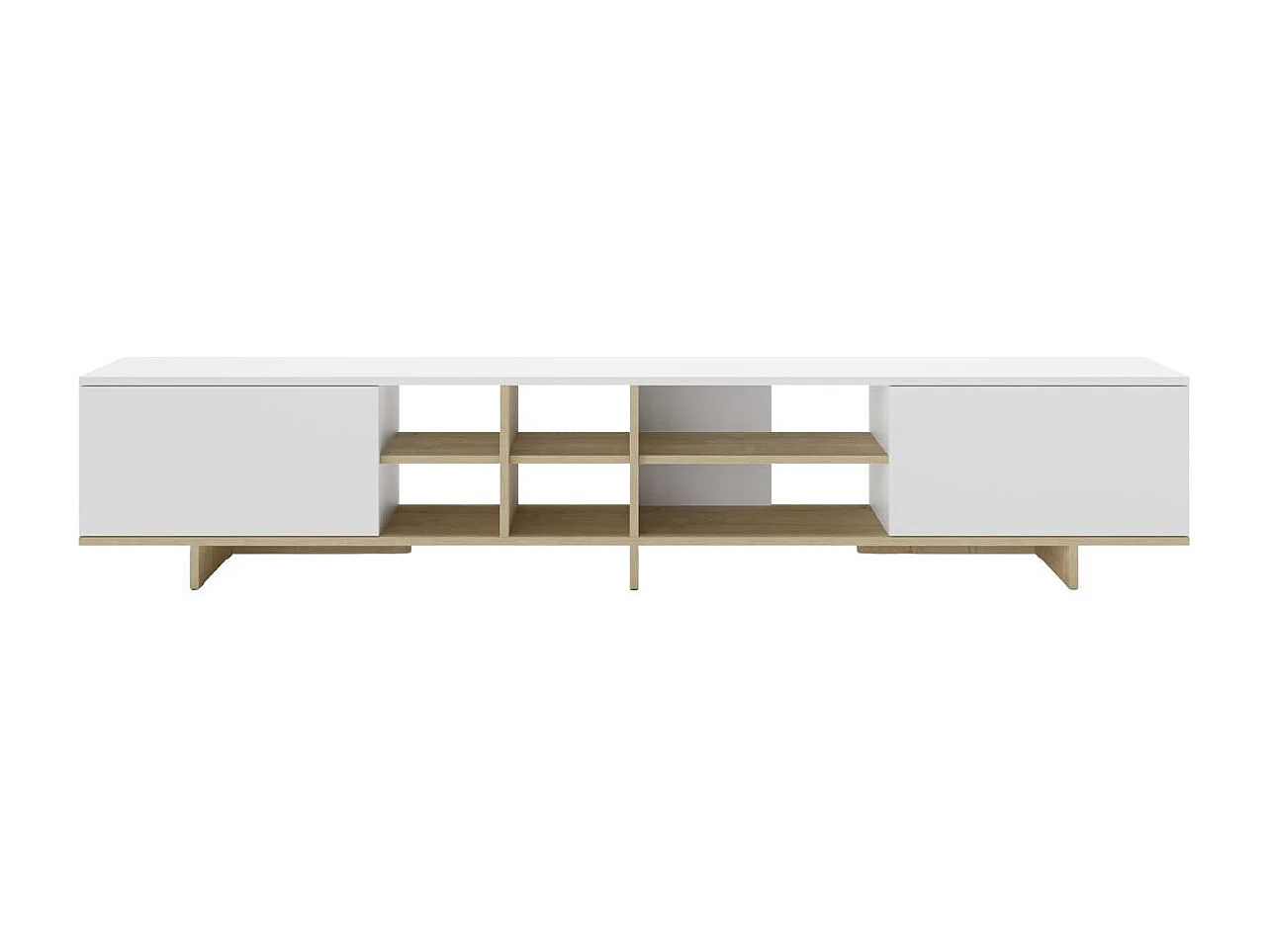 Meuble TV 2 portes 230cm en mélaminé blanc et imitation bois - ESQUISSE
