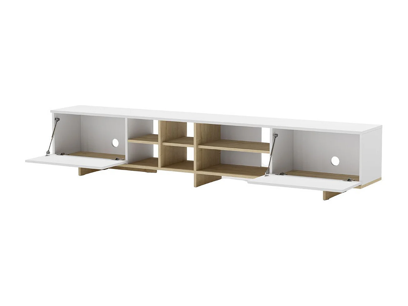 Meuble TV 2 portes 230cm en mélaminé blanc et imitation bois - ESQUISSE