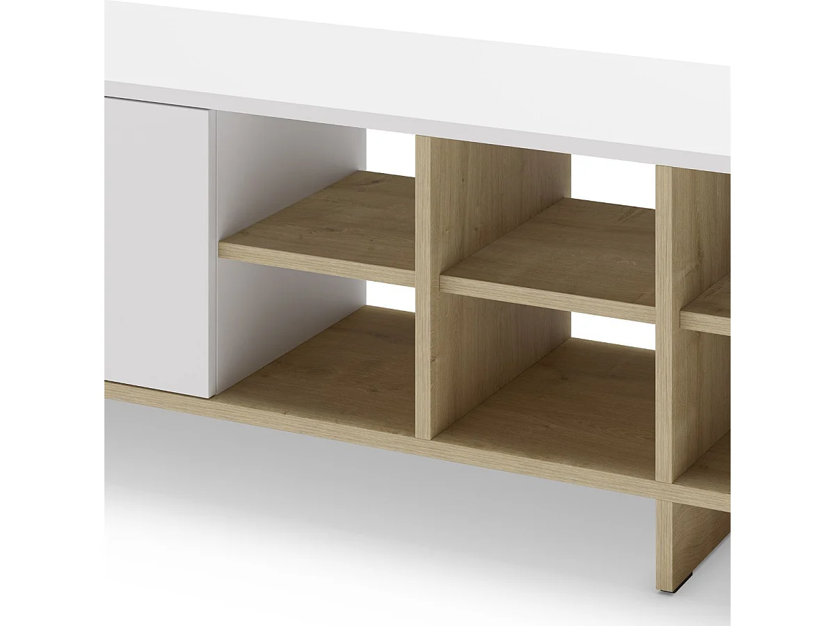 Meuble TV 2 portes 230cm en mélaminé blanc et imitation bois - ESQUISSE