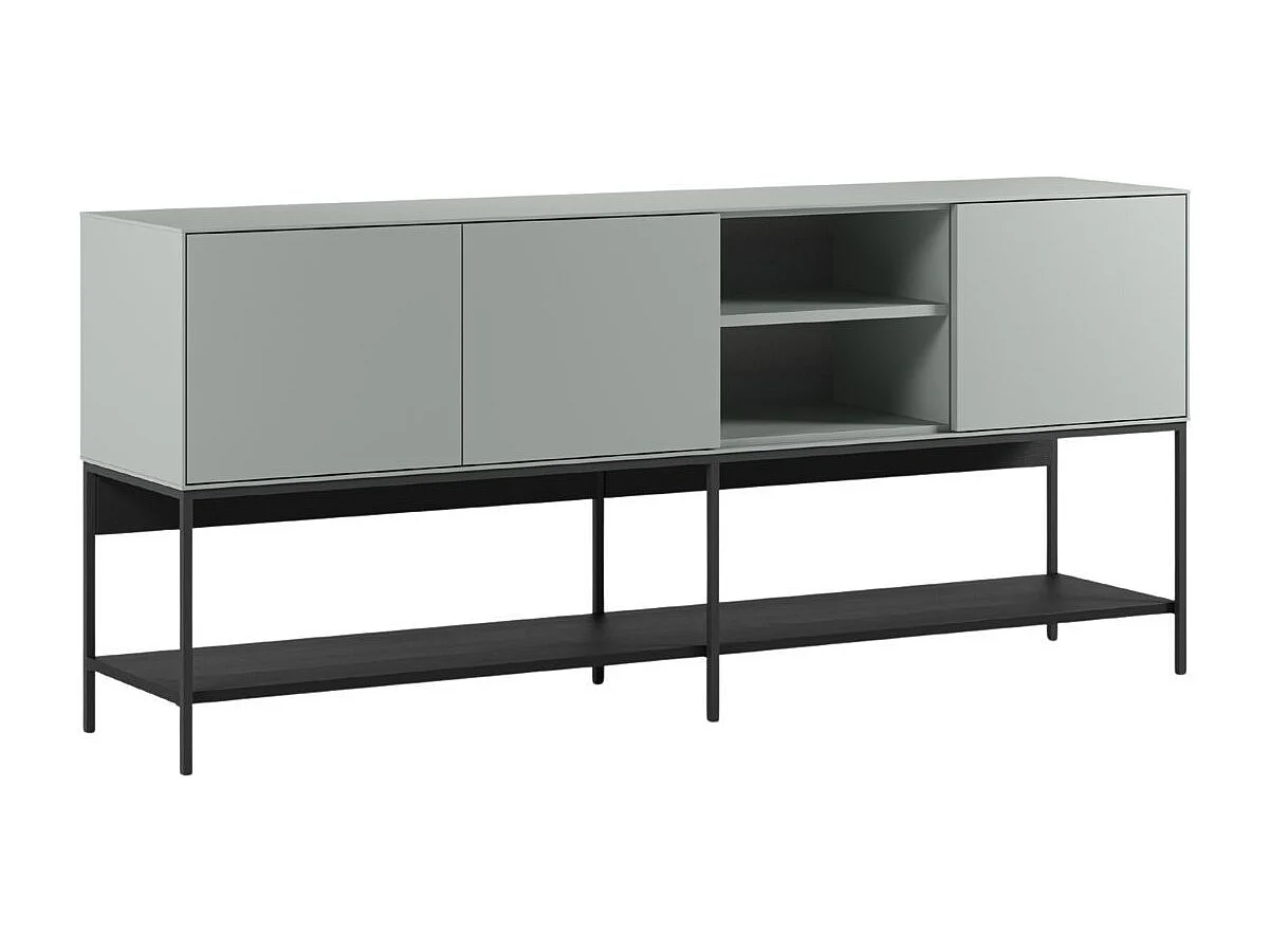 Buffet 3 portes 1 niches en mélaminé vert sauge et piètement avec étagère en métal laqué noir - MIRINA