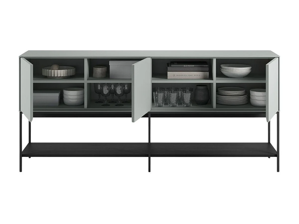 Buffet 3 portes 1 niches en mélaminé vert sauge et piètement avec étagère en métal laqué noir - MIRINA