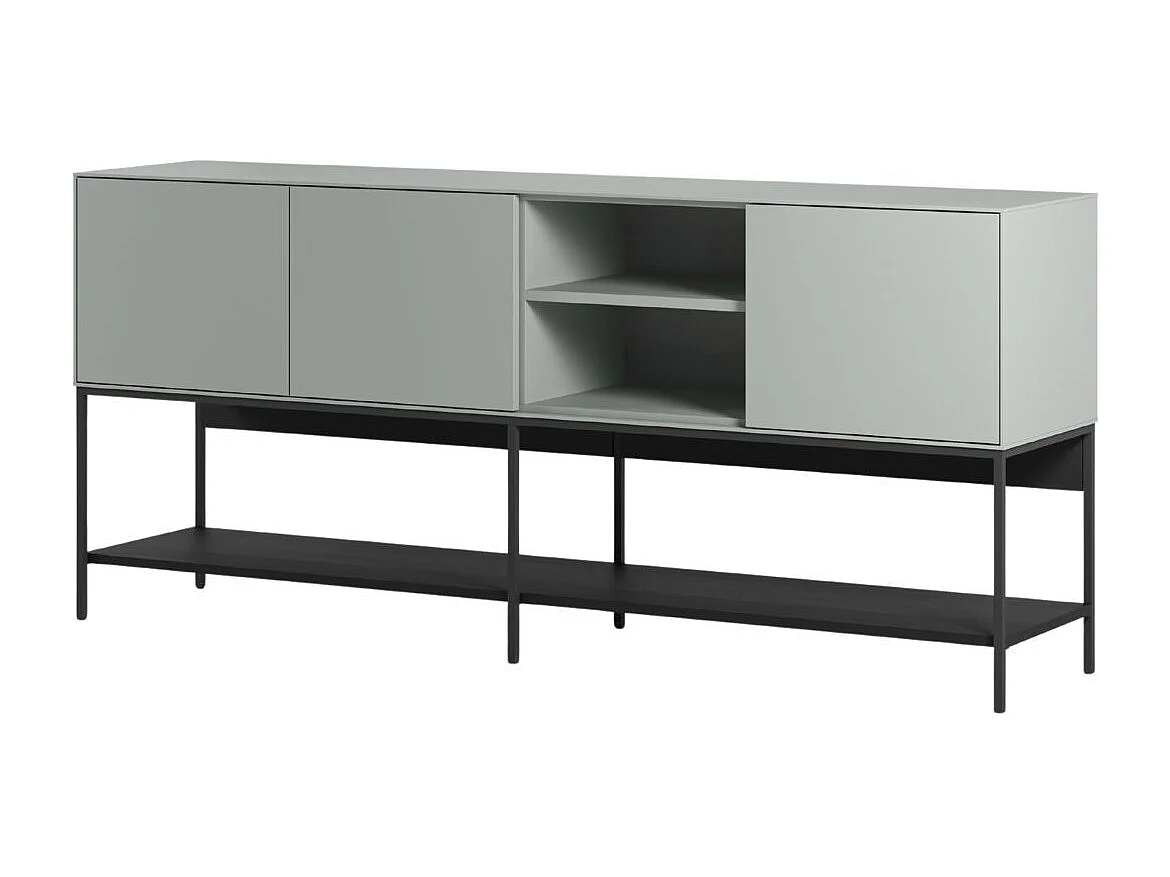 Buffet 3 portes 1 niches en mélaminé vert sauge et piètement avec étagère en métal laqué noir - MIRINA