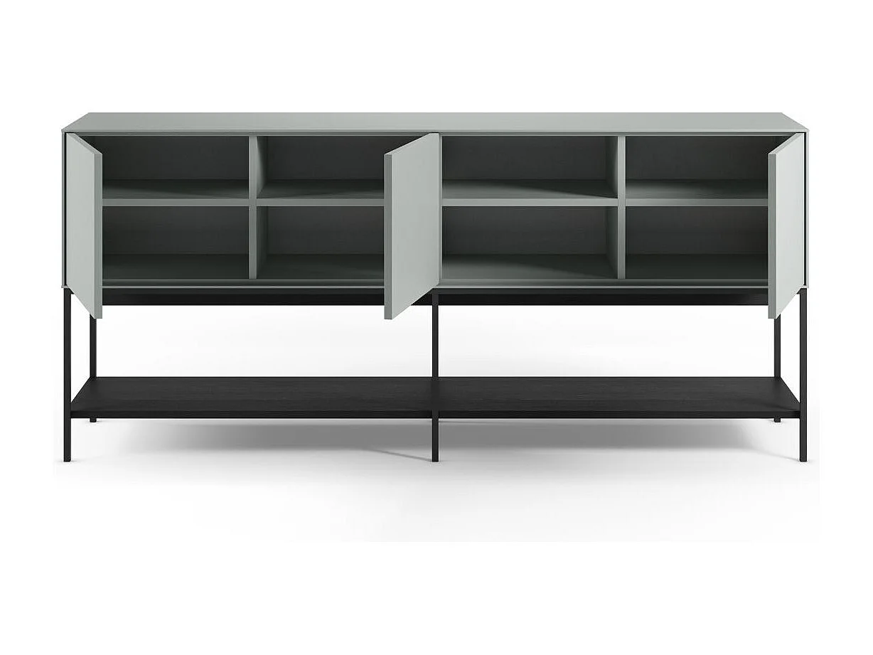 Buffet 3 portes 1 niches en mélaminé vert sauge et piètement avec étagère en métal laqué noir - MIRINA