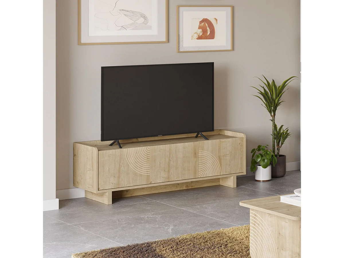 Meuble TV 3 portes 140cm en mélaminé imitation bois décor relief fraisé - RIAD