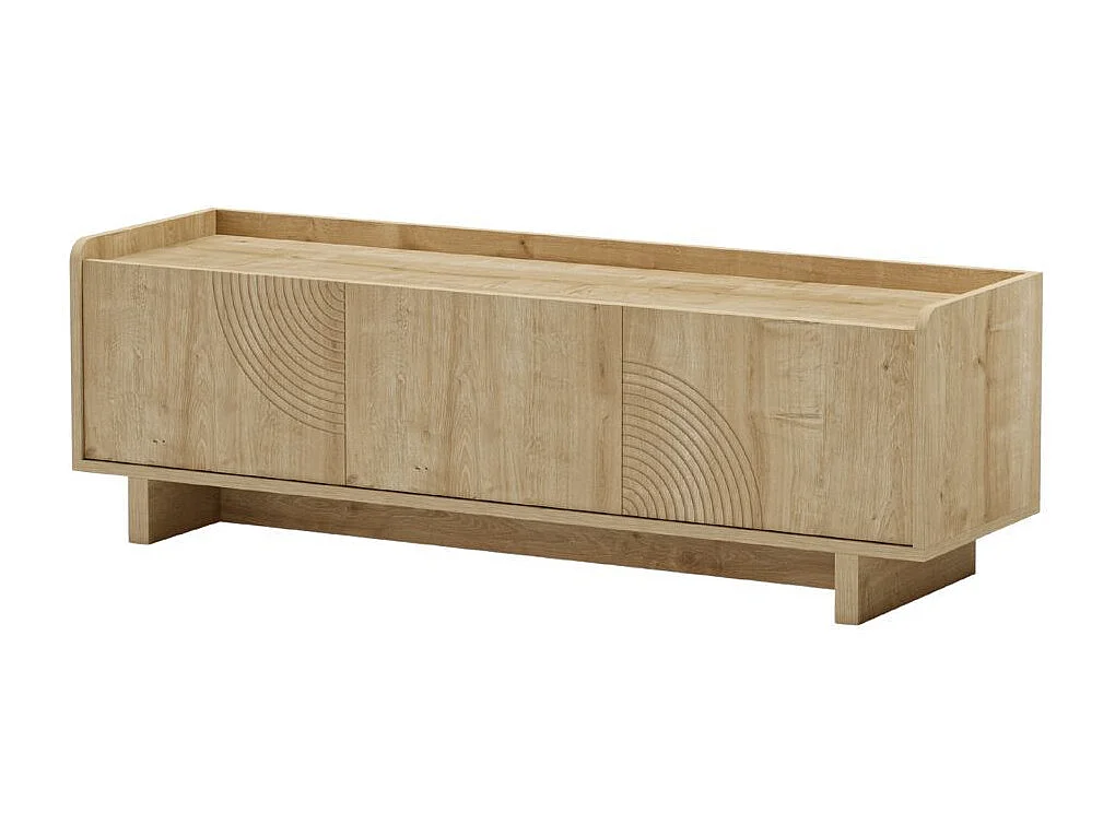 Meuble TV 3 portes 140cm en mélaminé imitation bois décor relief fraisé - RIAD