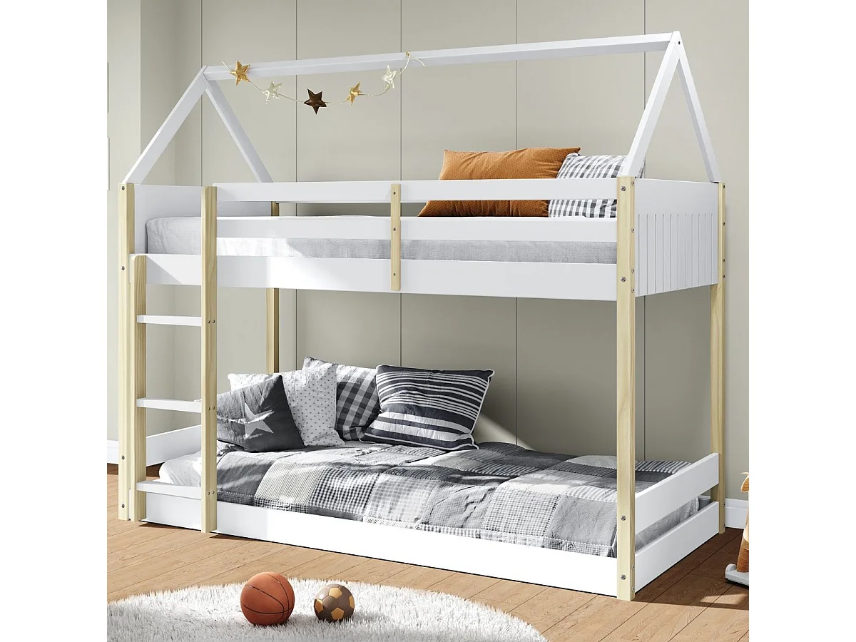 Lit superposé avec premier couchage au sol 90x190 en MDF laqué blanc et pin naturel - LILAS