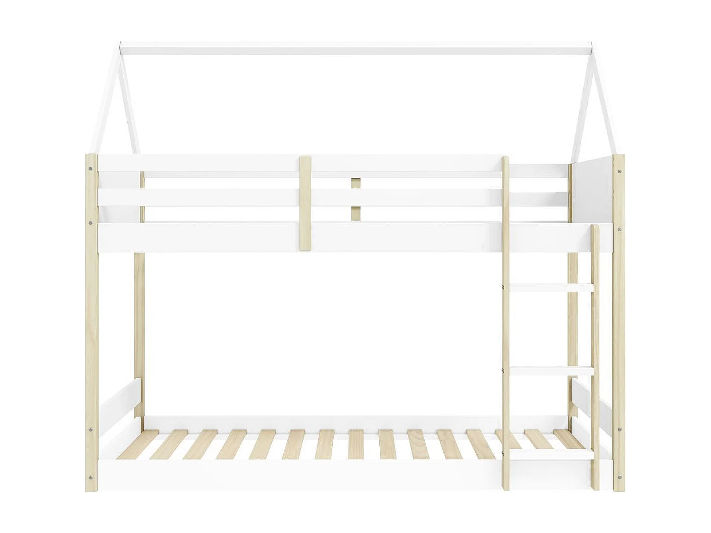 Lit superposé avec premier couchage au sol 90x190 en MDF laqué blanc et pin naturel - LILAS