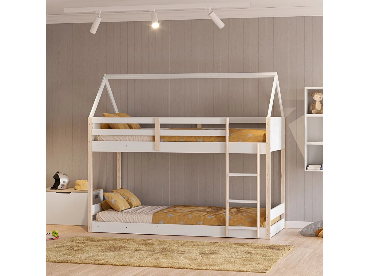 Lit superposé avec premier couchage au sol 90x190 en MDF laqué blanc et pin naturel - LILAS