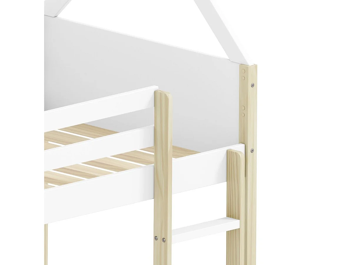 Lit superposé avec premier couchage au sol 90x190 en MDF laqué blanc et pin naturel - LILAS