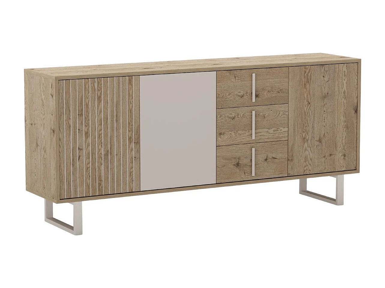 Buffet 3 portes 3 tiroirs en mélaminé imitation bois et beige piètement et poignées métal - MYRINE