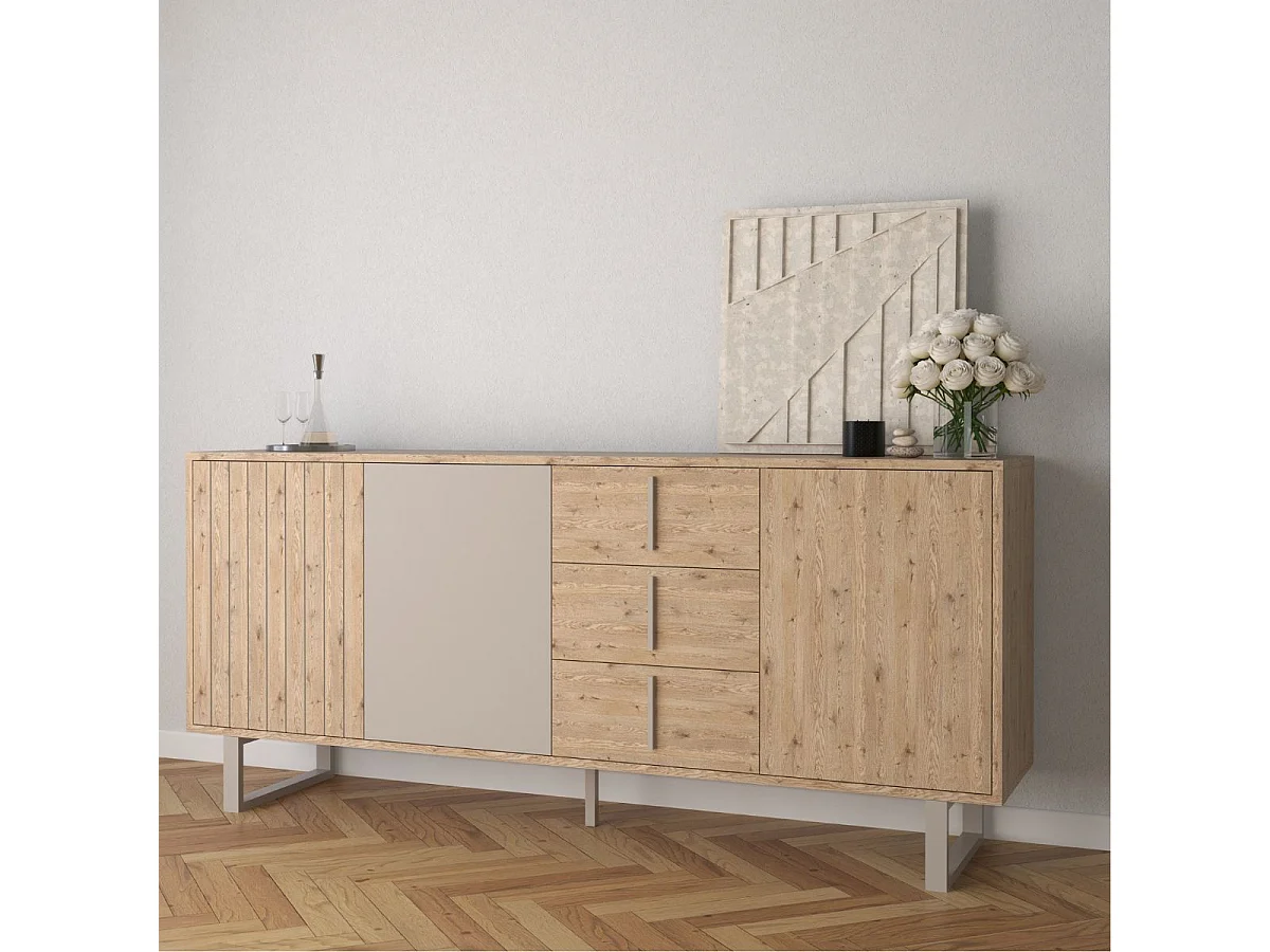 Buffet 3 portes 3 tiroirs en mélaminé imitation bois et beige piètement et poignées métal - MYRINE