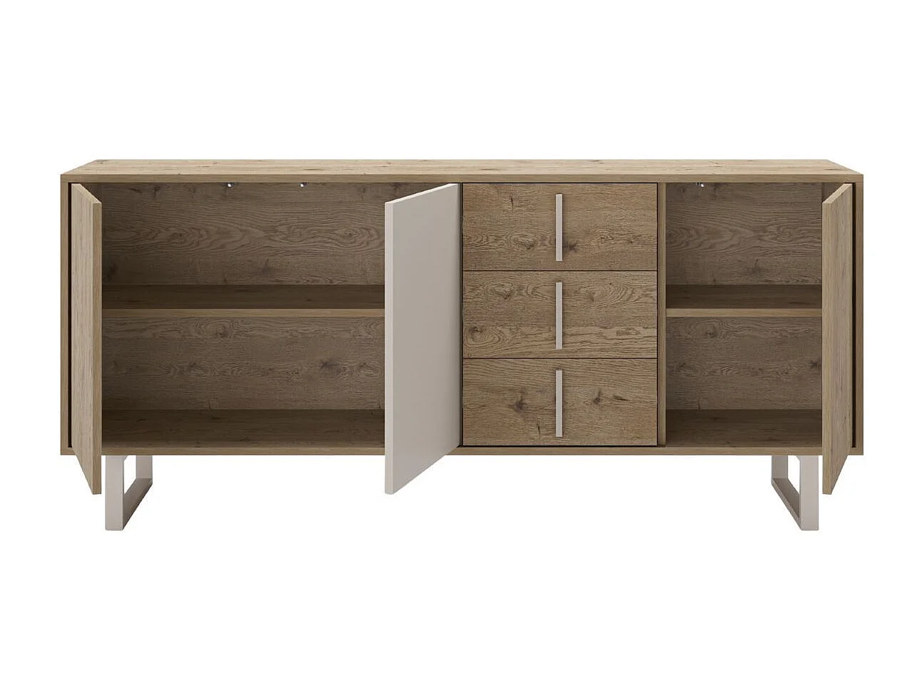 Buffet 3 portes 3 tiroirs en mélaminé imitation bois et beige piètement et poignées métal - MYRINE