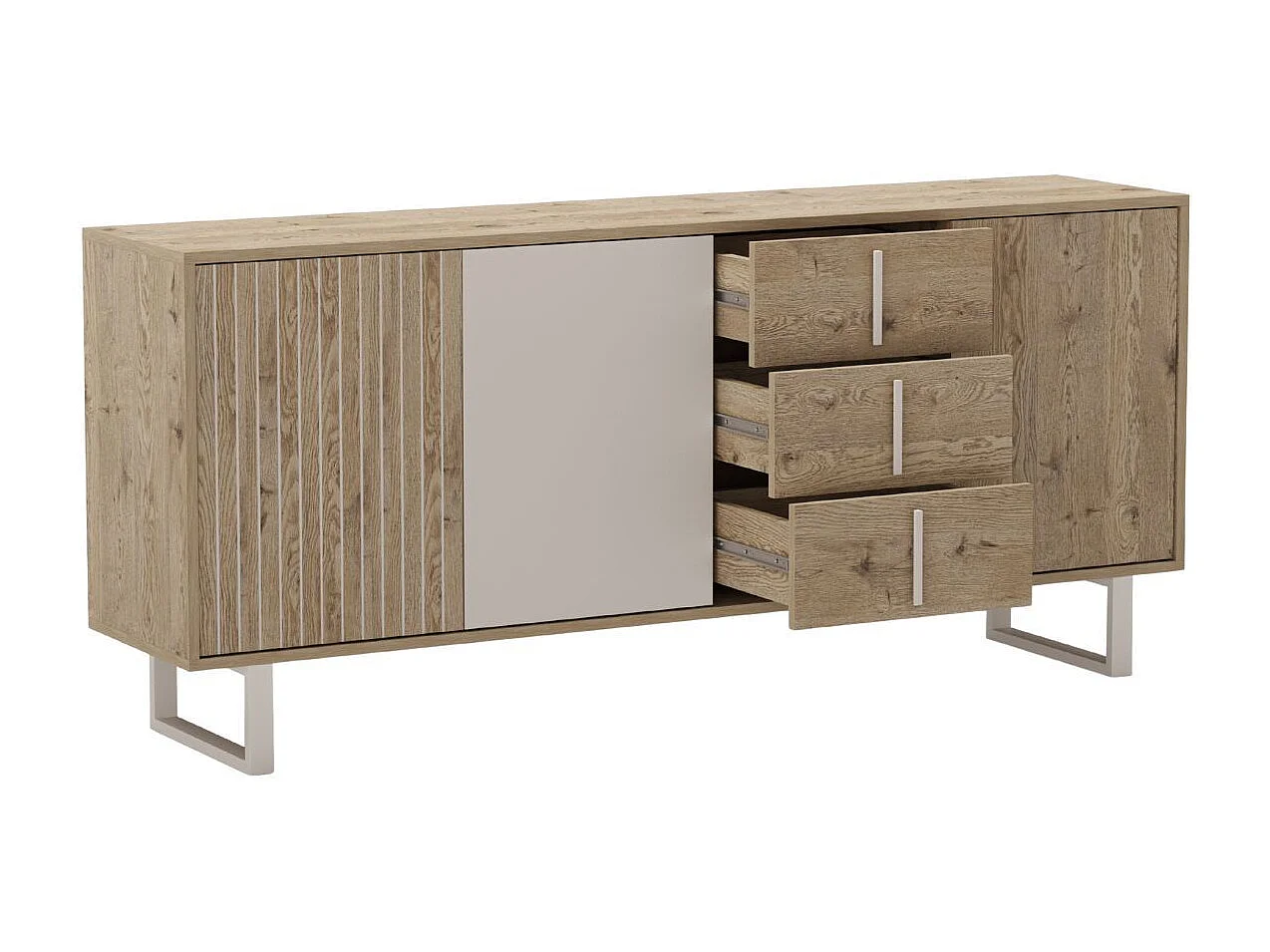 Buffet 3 portes 3 tiroirs en mélaminé imitation bois et beige piètement et poignées métal - MYRINE