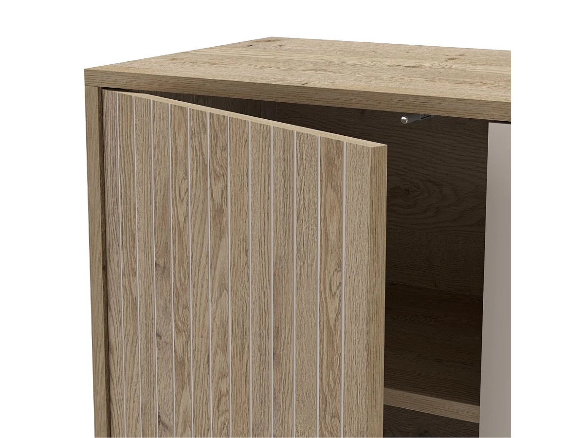 Buffet 3 portes 3 tiroirs en mélaminé imitation bois et beige piètement et poignées métal - MYRINE